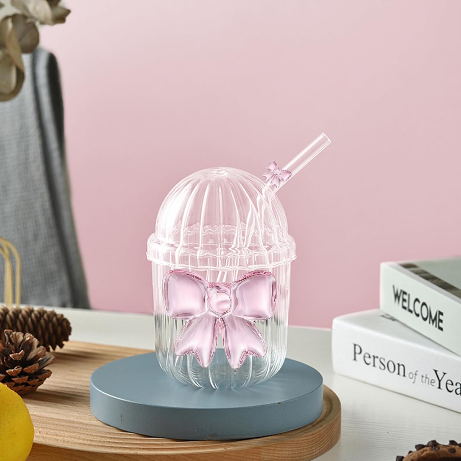 Coquette Cute Pink Bow Glass Cup with Lid And Straw, Aesthetic Glass Tumbler