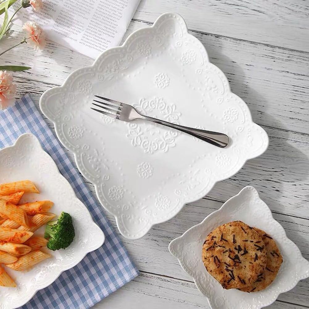 Elegant Square Embossed Lace Plate Bone China Dessert Plate Ceramic Plate Afternoon Tea