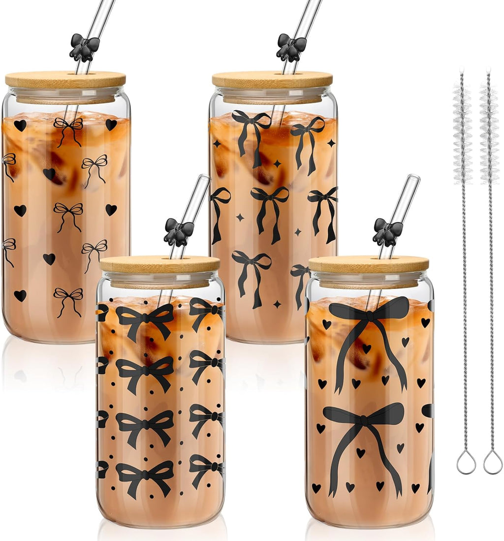 Coquette 4 Set Black Bow Aesthetic Glass Cups with Bamboo Lids and Straws 16 oz