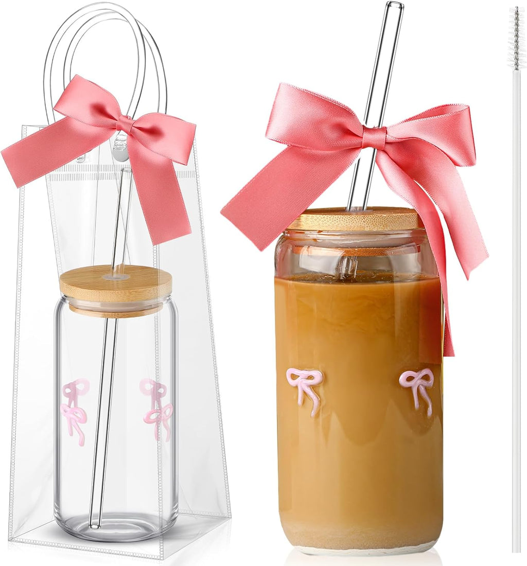 Coquette Bow Aesthetic Glass Cup with Clear Gift Bag Lids and Straws 16 oz Pink Bow Glass Cups Cute Tumbler