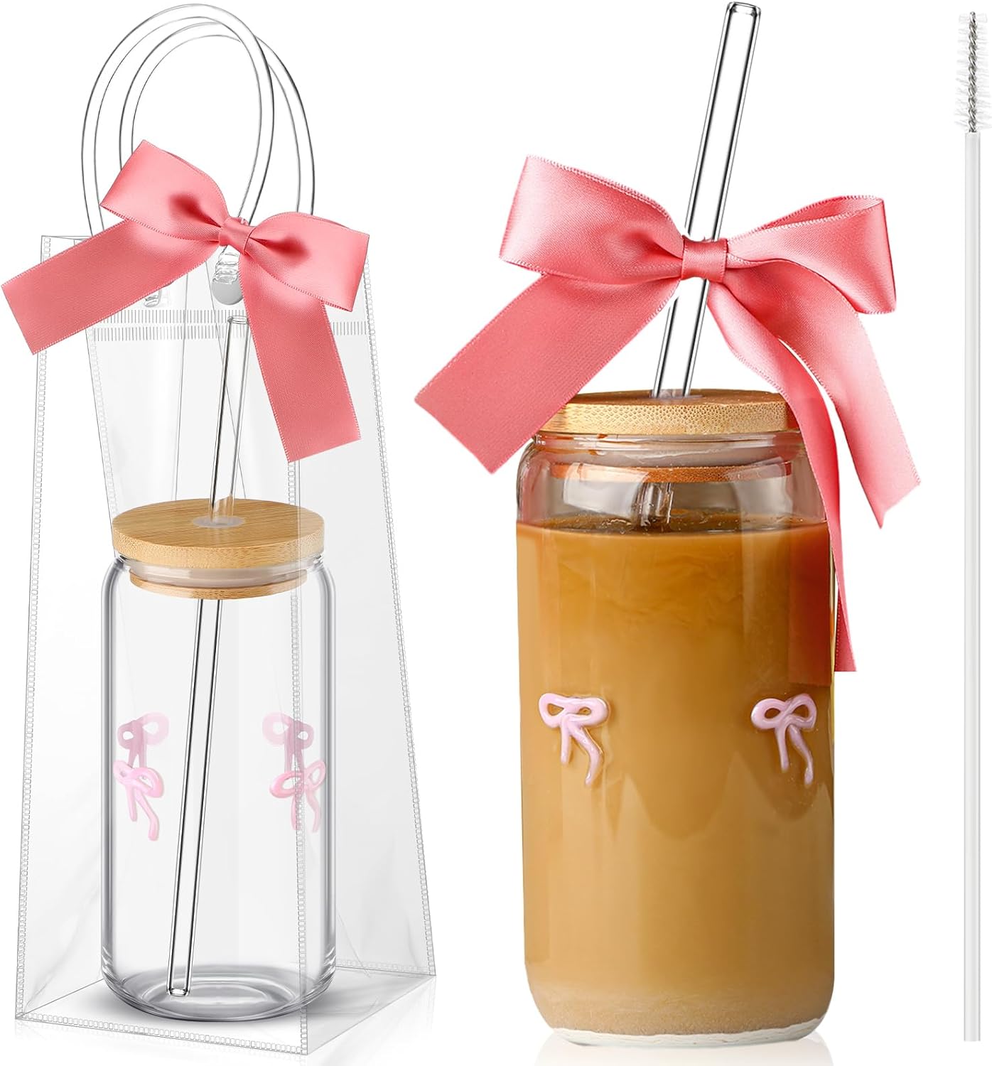 Coquette Bow Aesthetic Glass Cup with Clear Gift Bag Lids and Straws 16 oz Pink Bow Glass Cups Cute Tumbler
