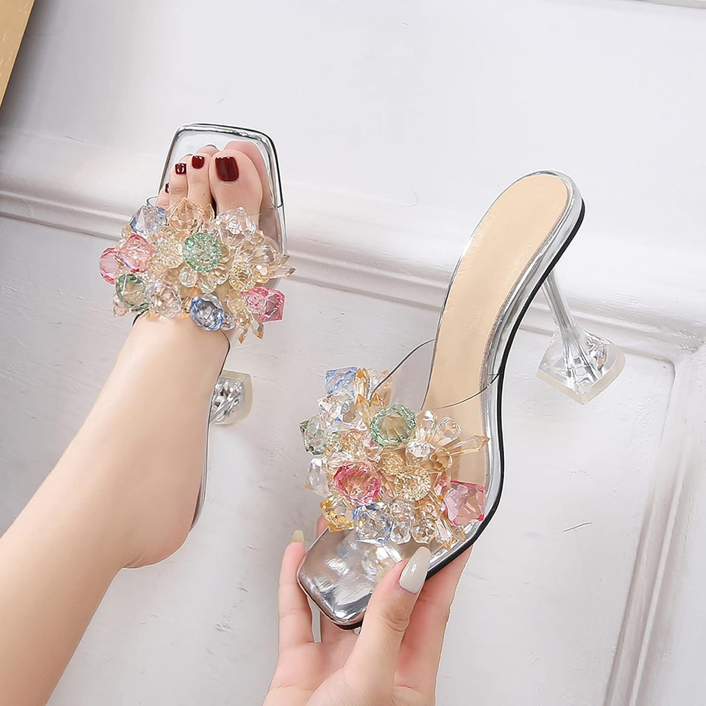 Women's Crystal Flower Heels Square Toe Heeled Sandals