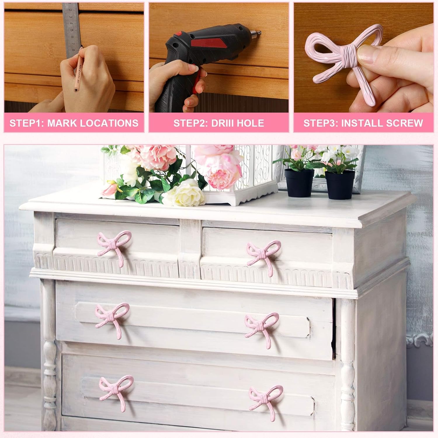 Vintage Pink Bow Drawer Knobs Matel Bow Dresser Knobs Handles for Dresser Handles for Home Bedroom Kitchen Cabinets Hardware Cupboard  (1.6 x 1 Inches)