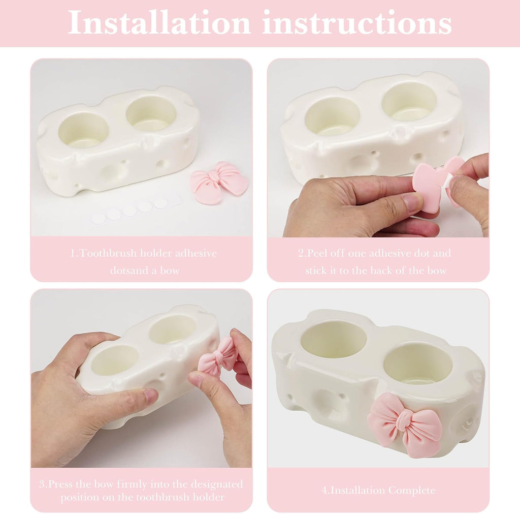 Cute Toothpaste Holder, Ceramic Bow Toothbrush Holder, Bathroom Countertop Accessories, for Bathroom Canister Storage Organization, Vanity Makeup Organizer