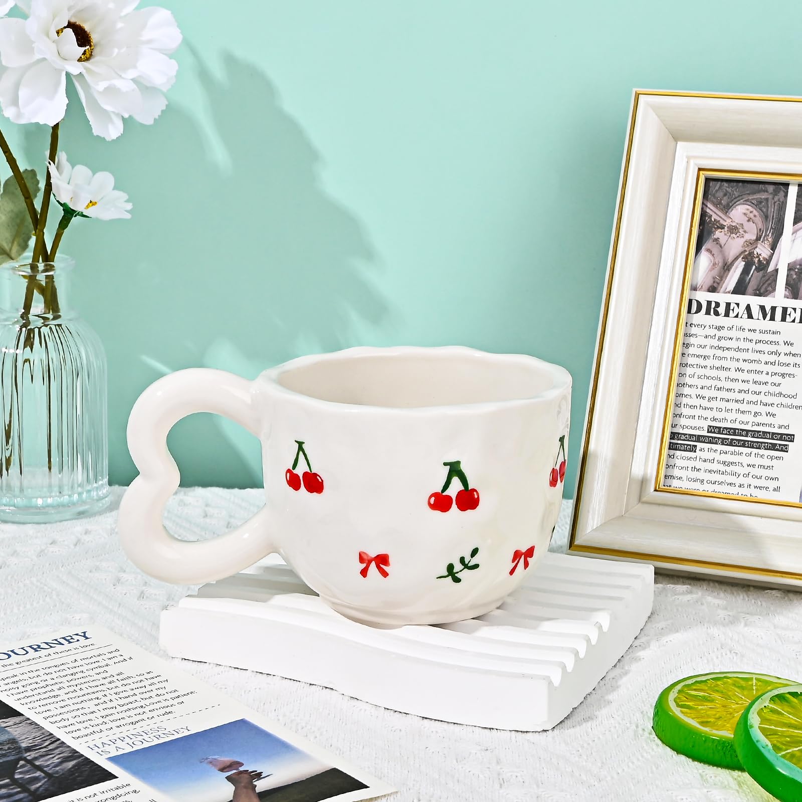 Ribbon Bow Ceramic Mug, Cute Creative Heart Handle Mug Design, 10.5 oz/300 ml