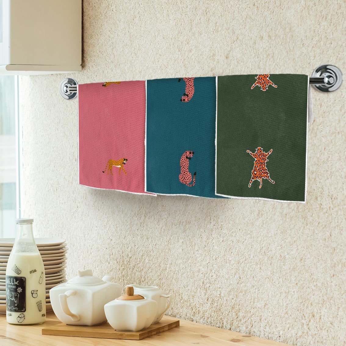 Hot Pink Blue Green Cheetah Kitchen Towels - Set of 3, Leopard Kitchen Towels Dish Towels Dishcloth Colorful Abstract Cheetah Hand Tea Towels for Kitchen Bathroom Decor (16X24In)
