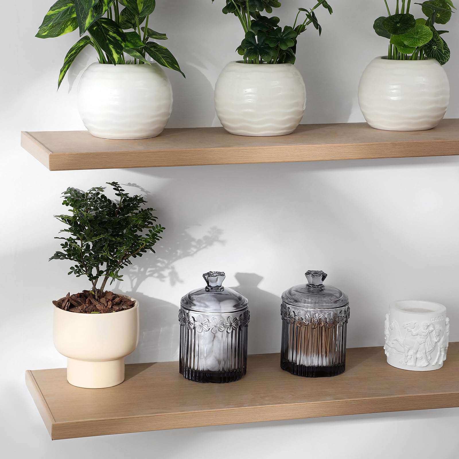 Qtip Holder Glass Apothecary Jars with Lids Set Bathroom Canisters Dispenser Organizers and Storage for Cotton Swabs, Balls, Pads, Floss Picks, Candy 2 Pack