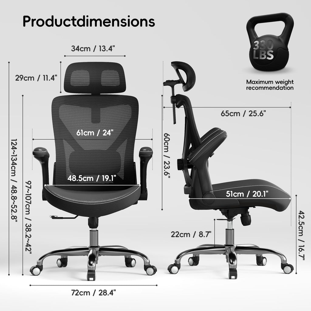 Ergonomic Desk Chair-Computer X-Shaped Chair Mesh PU Leather with Adjustable Lumbar Support-Executive Chair High Back with Headrest Flip-Up Arms for Long Hours