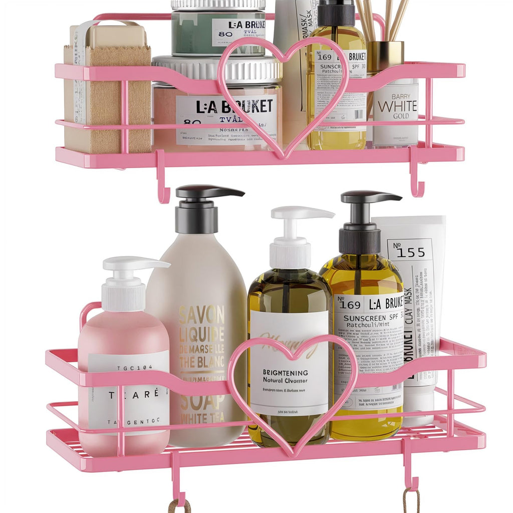 Heart Shower Caddy with 4 Removable Hooks, 2 Pack Sweet Heart Shower Shelves, No Drilling Adhesive Organizer Shelf