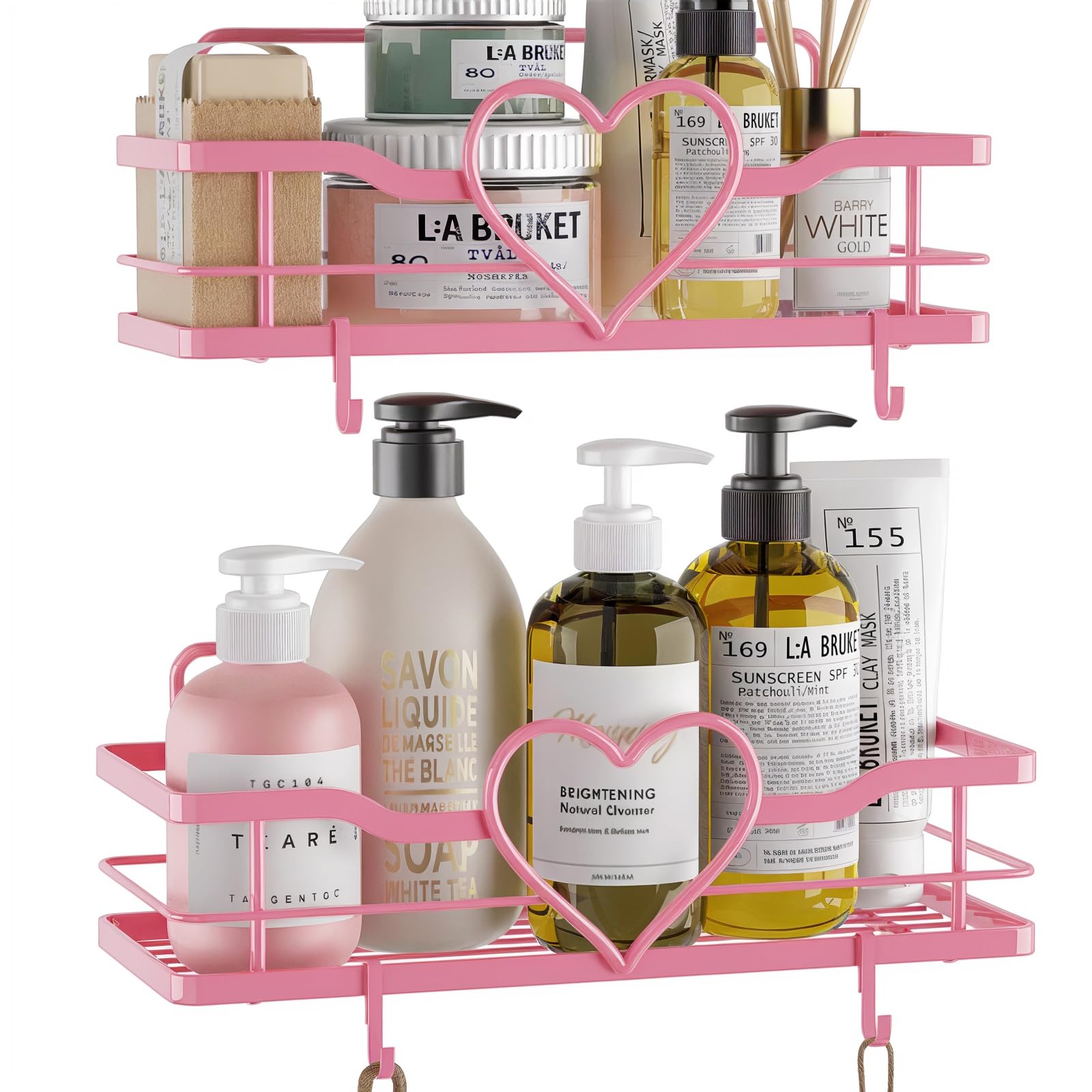 Heart Shower Caddy with 4 Removable Hooks, 2 Pack Sweet Heart Shower Shelves, No Drilling Adhesive Organizer Shelf