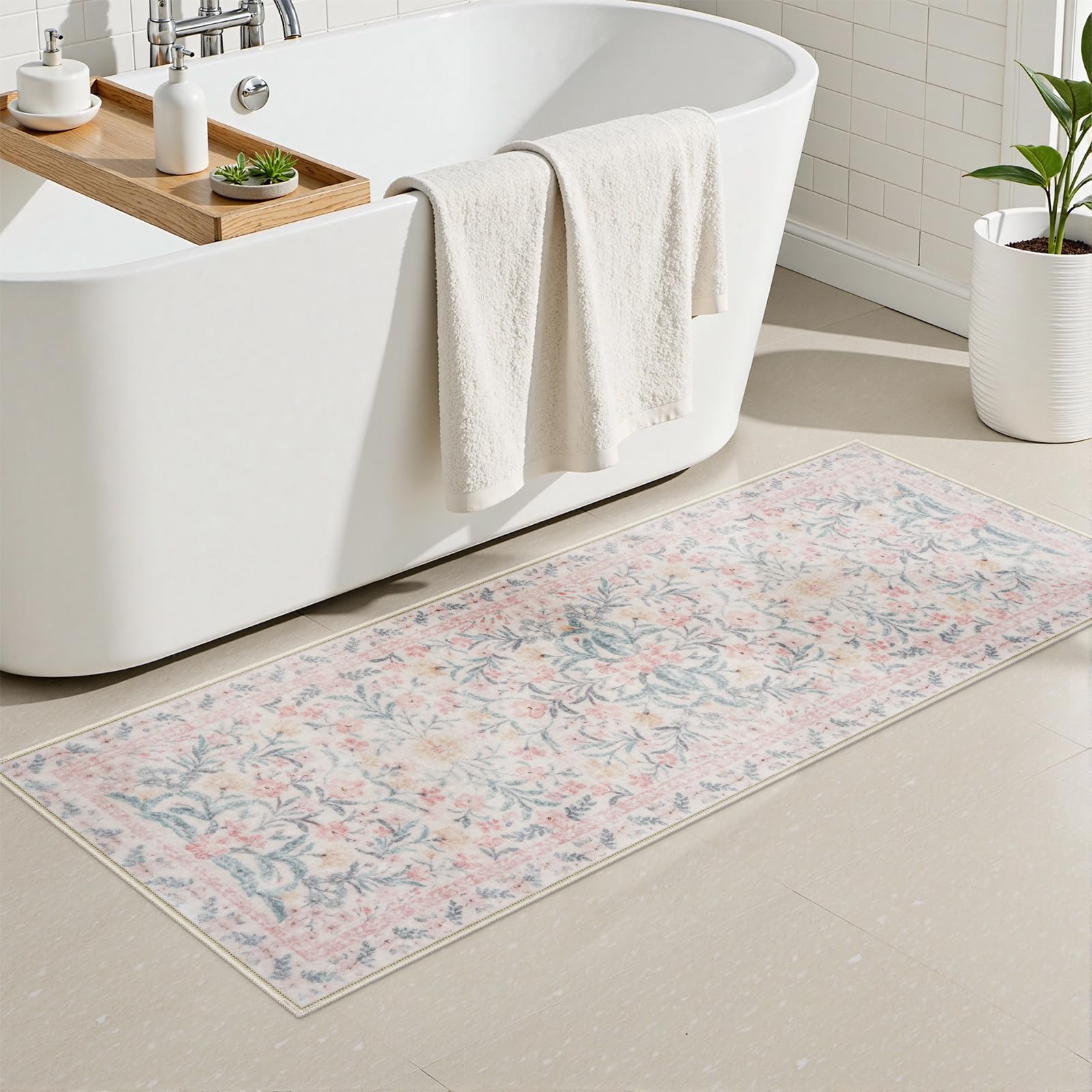 New Boho Floral Bath Rugs, Non Slip Washable Bathroom Rugs Fit Under Door, Ultra Soft and Absorbent Bath Mat
