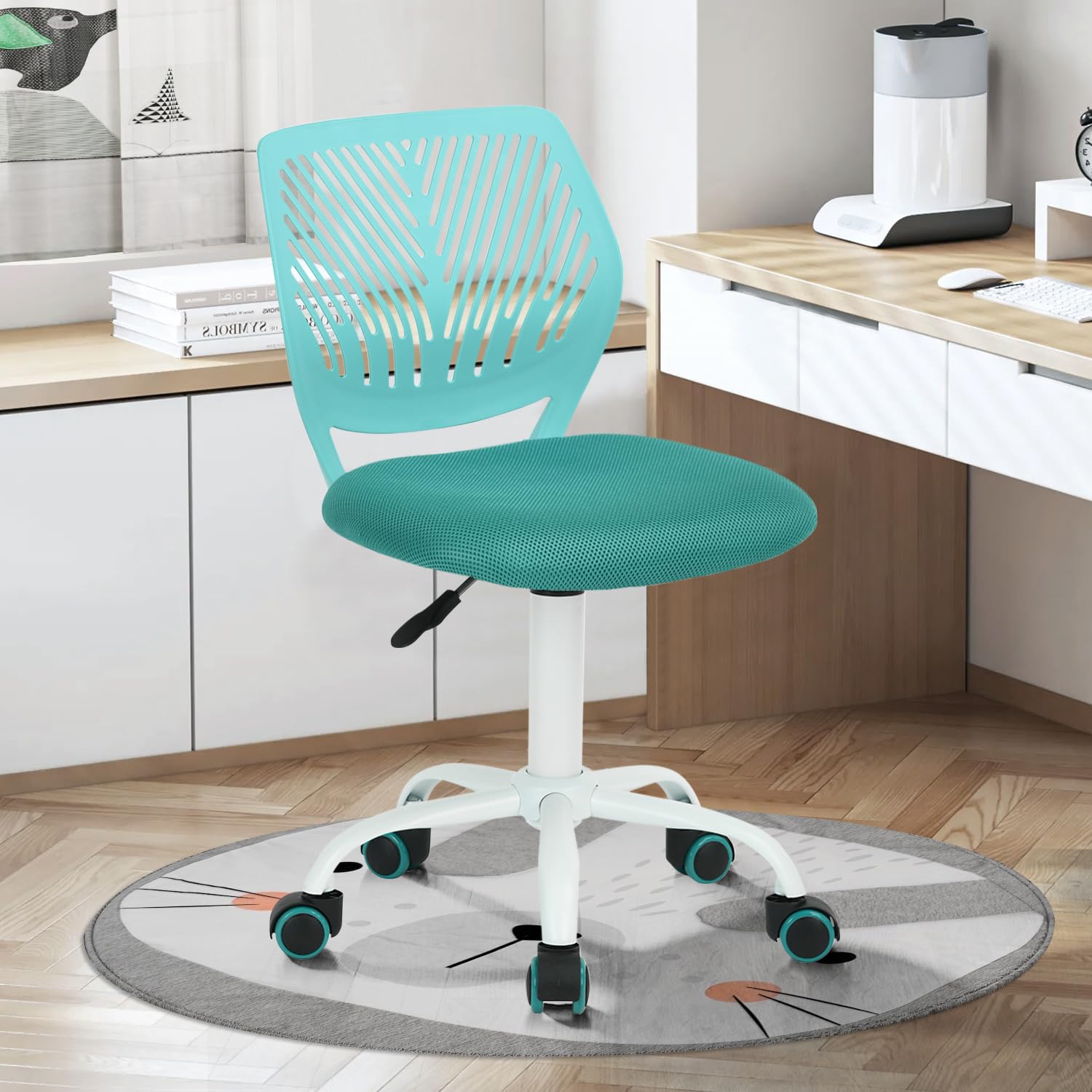 Study Desk Chair Armless Cute, Ergonomic Small Swivel Adjustable Rolling Lightweight Task Chair with Wheels and Mesh Padded Cushion