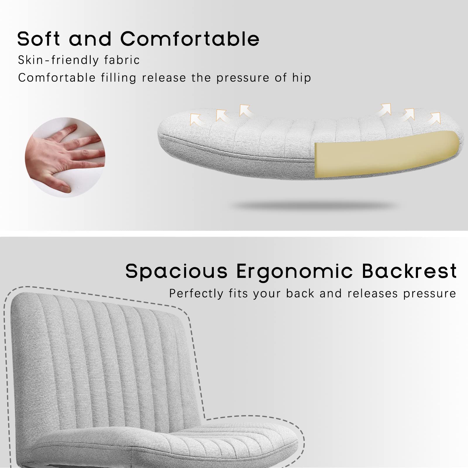 Criss Cross Chair, Armless Cross Legged Office Desk Chair No Wheels, Fabric Padded Modern Swivel Height Adjustable Mid Back Wide Seat