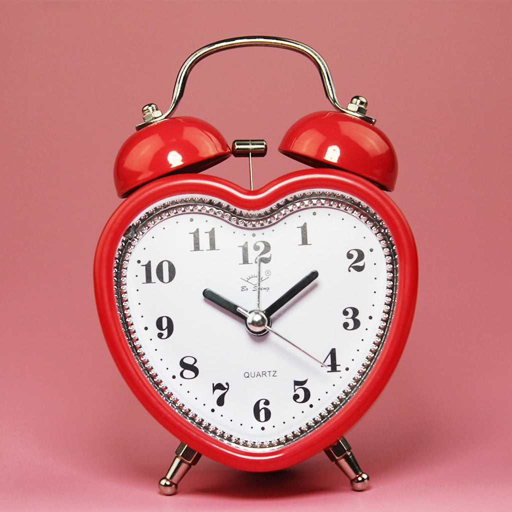 Cute Heart Shapes Twin Bell Loud Alarm Clock Silent Analog Quartz Nightlight Tableclock Battery Operated for Kids, Seniors, Heavy Sleepers, Decorations for Bedroom, Living Room 3 Inches