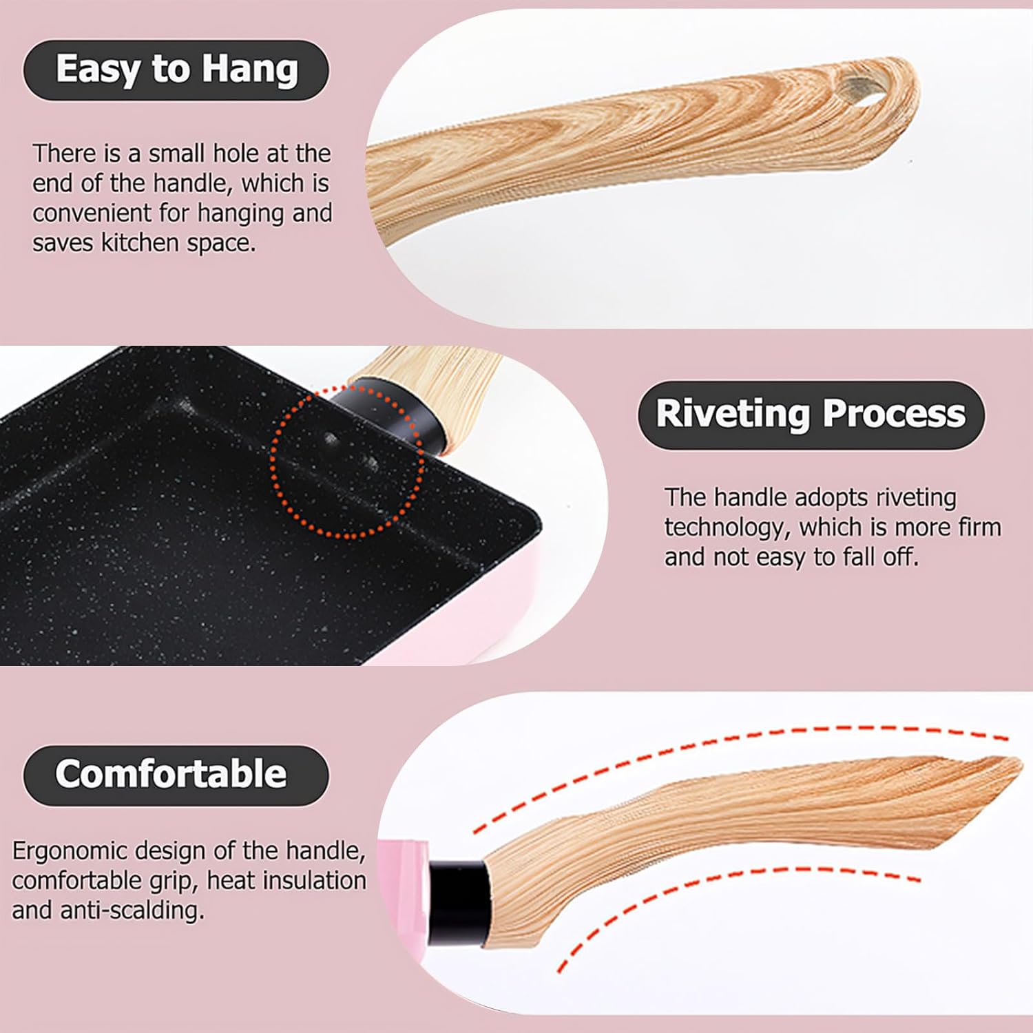 Pink Aluminum Japanese Omelet Pan, 6"x 7" Non-Stick Tamagoyaki Egg Pan, Rectangle Pan with Anti Scalding Bakelite Handle