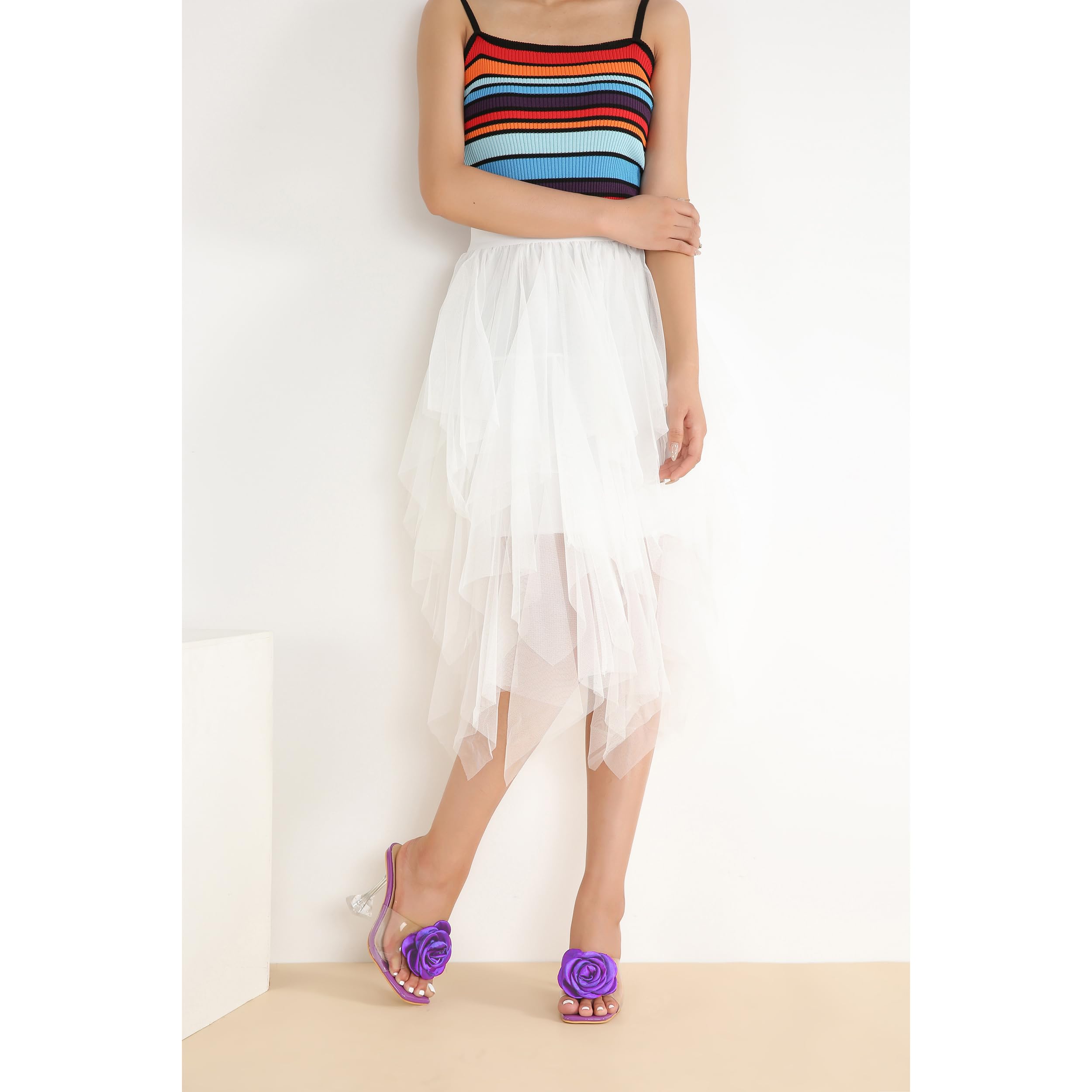 Women Flowers High Heels Mules Sandals Square Toe Slip On Sandals