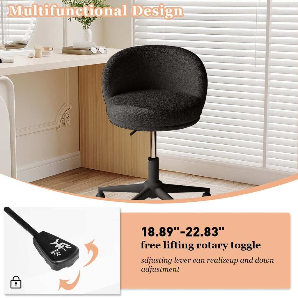 Modern Vanity Chair with Back, 360° Swivel Makeup Desk Chair Small Office Chair with Wheels, Height Adjustable Armless Computer Task Chair
