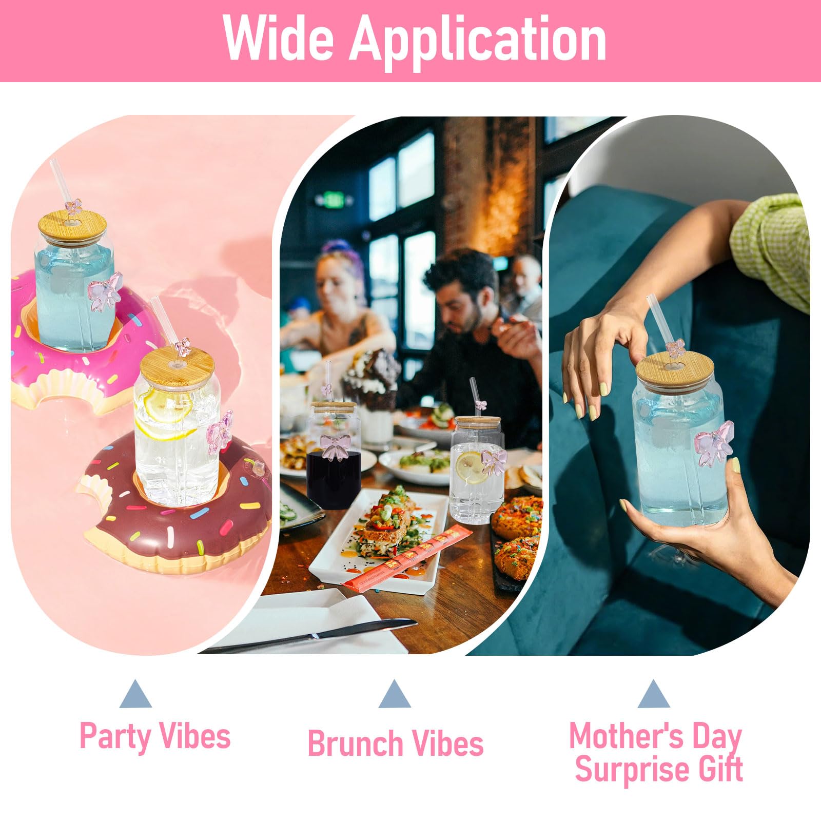 Coquette Aesthetic 3D Pink Bow Glass Cup with Bamboo Lid & Straw,16oz Cute Glass Cups with Lids and Straws,Bow Tumbler for Iced Coffee/Matcha, with１Cleaning Brush