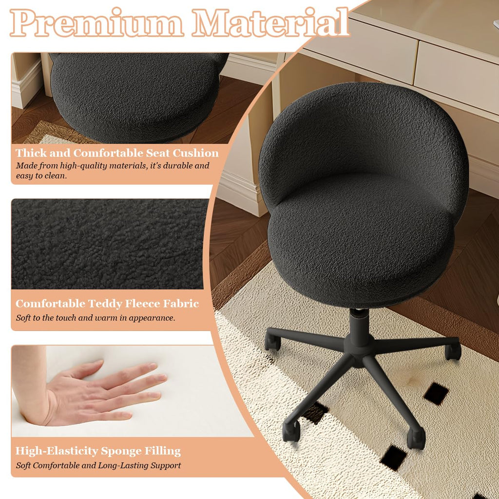 Modern Vanity Chair with Back, 360° Swivel Makeup Desk Chair Small Office Chair with Wheels, Height Adjustable Armless Computer Task Chair