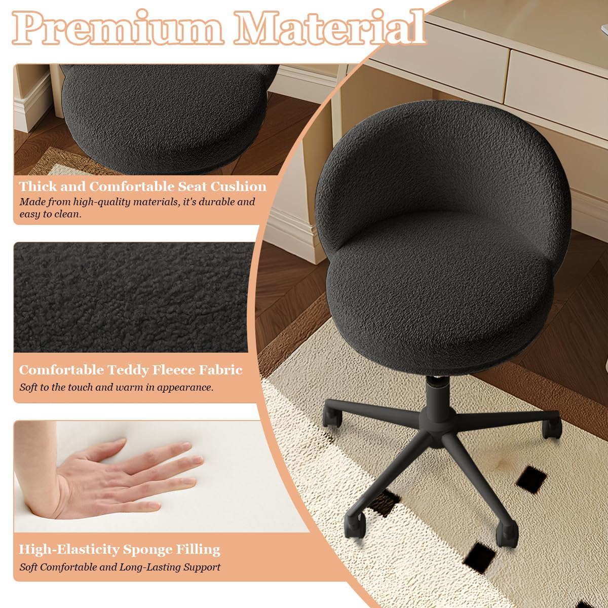 Modern Vanity Chair with Back, 360° Swivel Makeup Desk Chair Small Office Chair with Wheels, Height Adjustable Armless Computer Task Chair