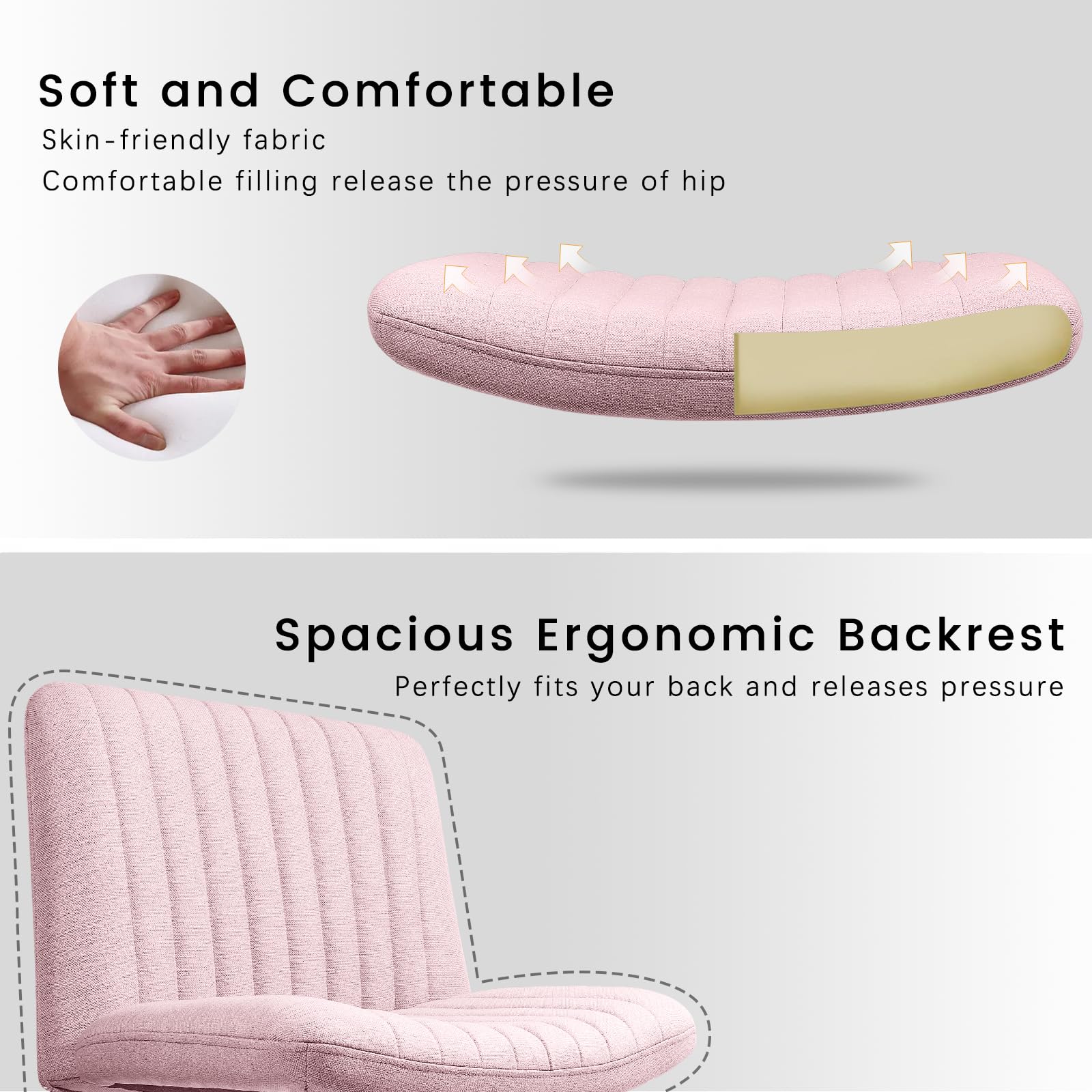 Criss Cross Chair, Armless Cross Legged Office Desk Chair No Wheels, Fabric Padded Modern Swivel Height Adjustable Mid Back Wide Seat