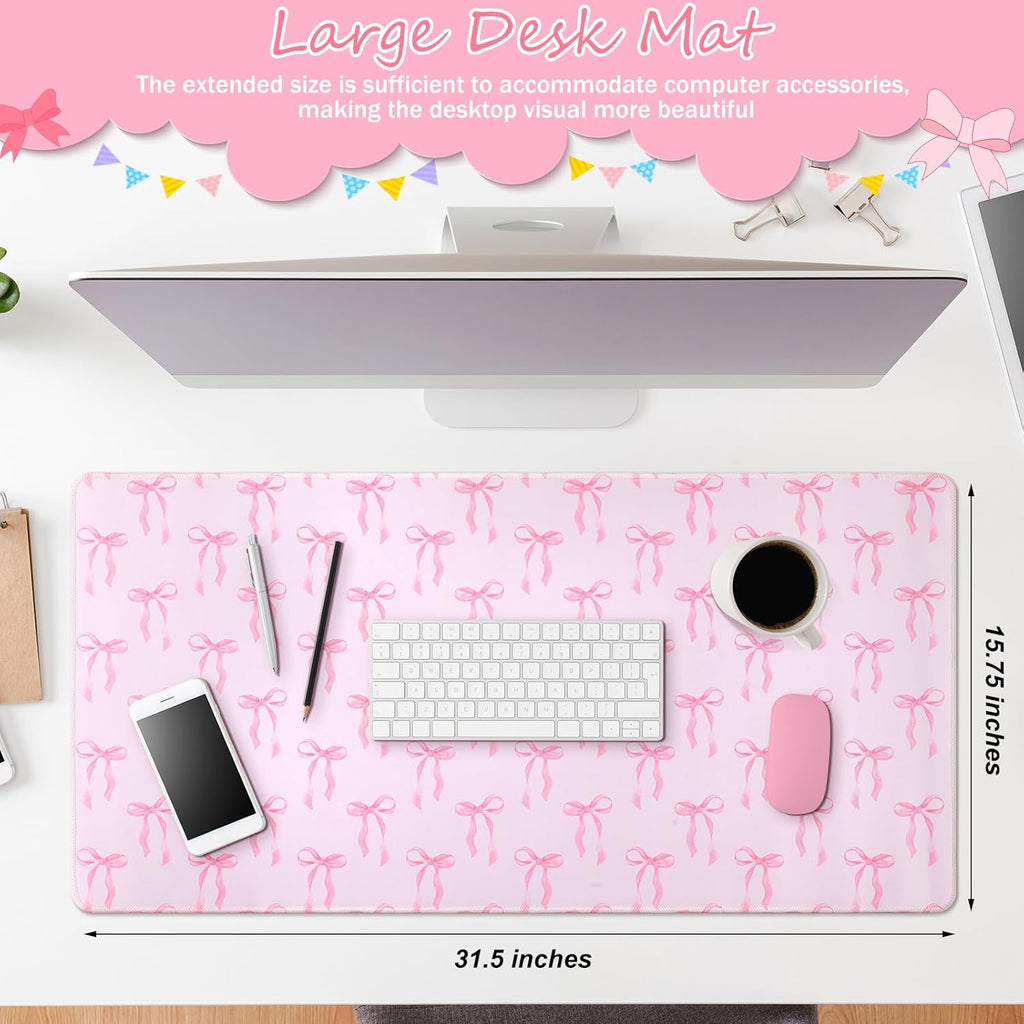 Coquette Kawaii Mouse Pad - Large Pink Bows Mouse Pads Pad 31.5 x 15.75 Inches Non-Slip Rubber Base