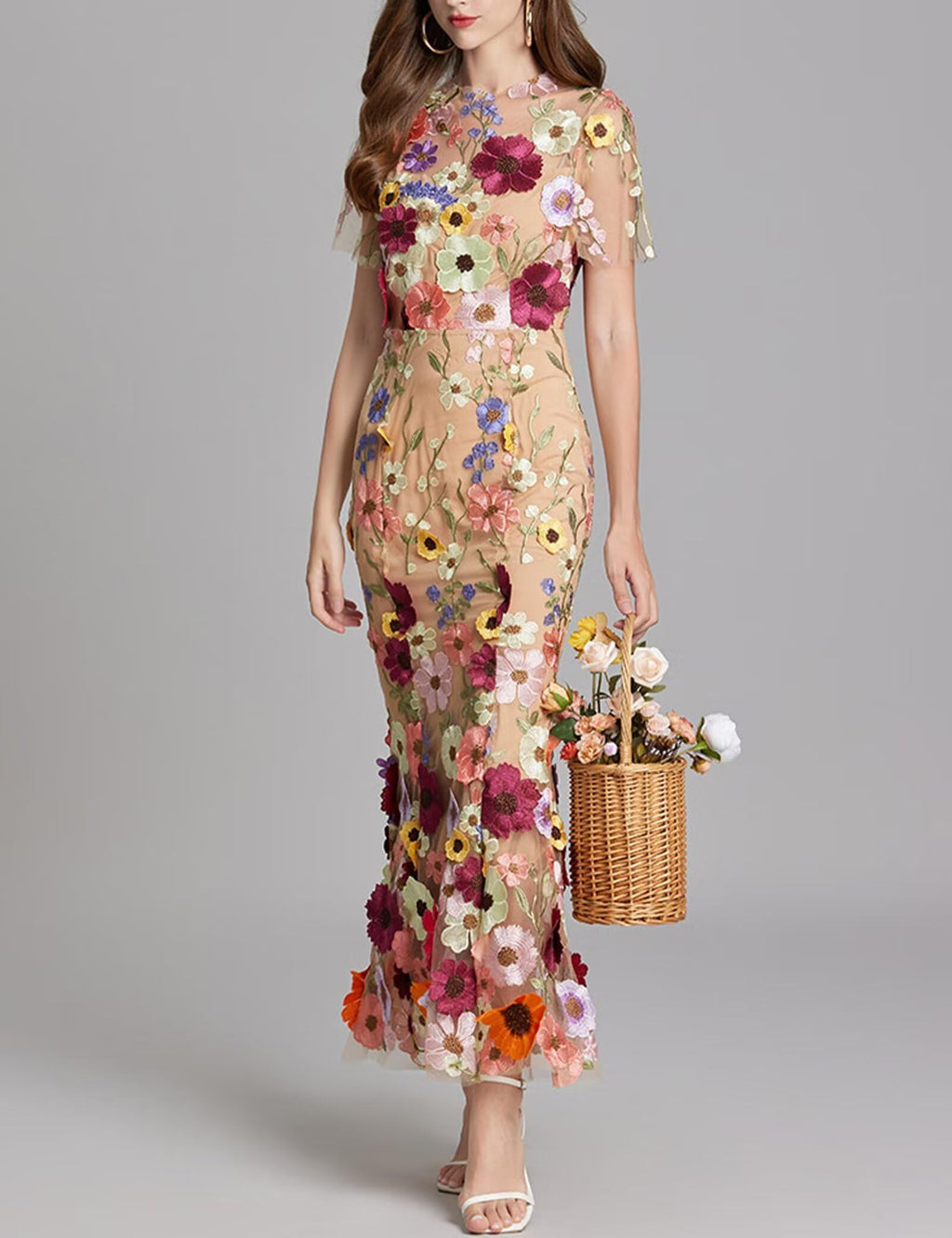 Women's 3D Floral Embroidery Dress Sheer Mesh Round Neck Lace Bodycon Party Cocktail Maxi Dress Short Sleeves