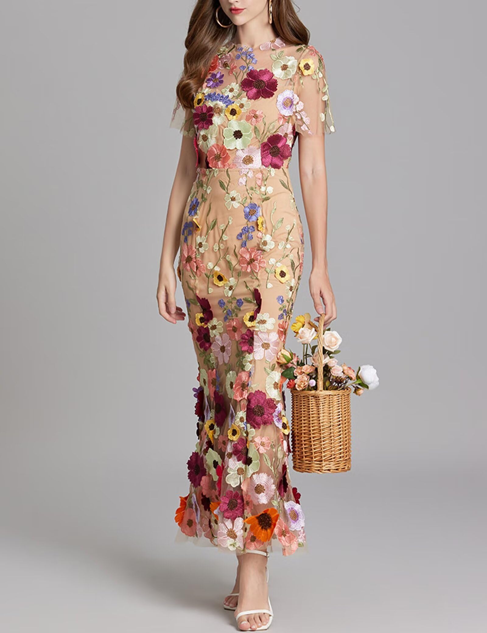 Women's 3D Floral Embroidery Dress Sheer Mesh Round Neck Lace Bodycon Party Cocktail Maxi Dress Short Sleeves