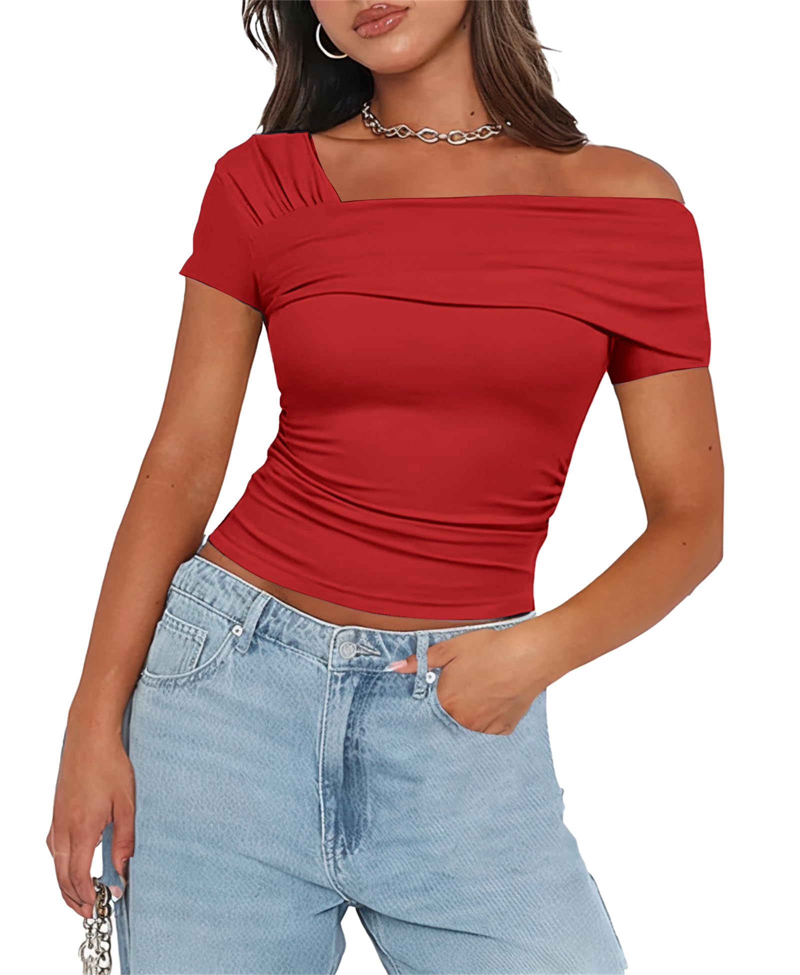 Women's One Off The Shoulder Top - Short Sleeve Ruched Going Out Crop Top Slim Fit Y2K T Shirt