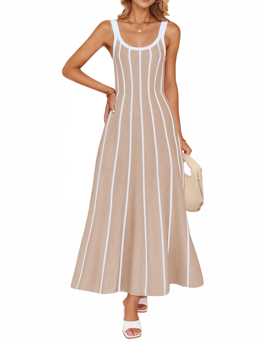 Wome's Summer Sleeveless Striped Midi Dress 2025 Knit Casual Elegant A Line Swing Long Dresses