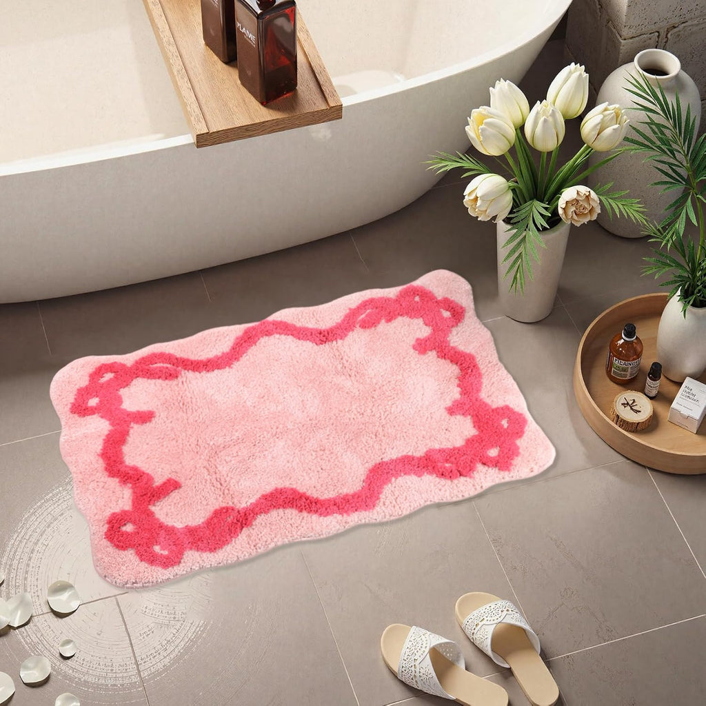 Coquette Bow Bathroom Mat Non Slip Bow Rug Cute Scallop Carpet Room Decor Microfiber Absorbent Bath Rug