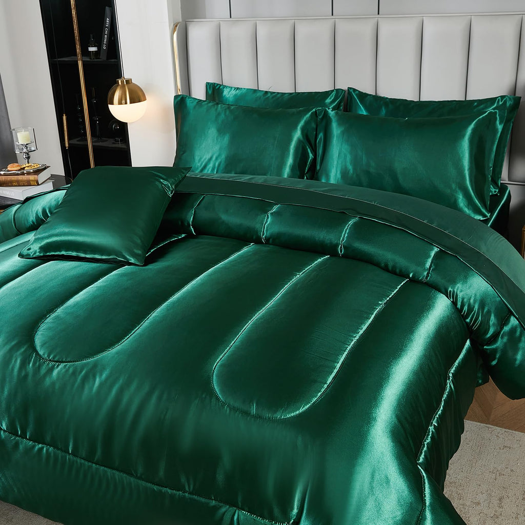 Satin Comforter Set with Sheet Set Full Silk Like Hot Pink Bed in a Bag Luxury Silky Bedding with 1 Comforter, 1 Flat Sheet, 1 Fitted Sheet, 4 Pillowcases, 1 Cushion Cover (Full, Hot Pink)