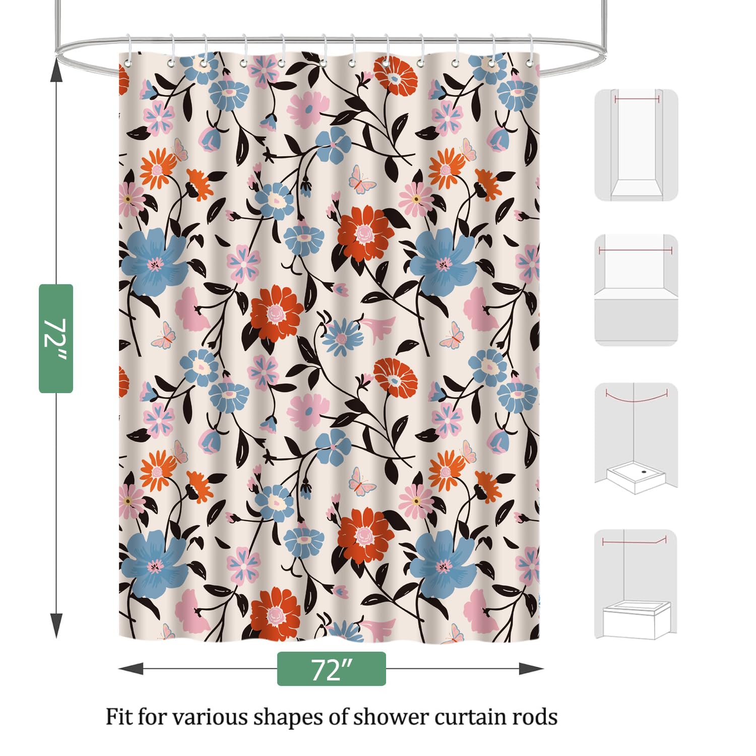 Cute Shower Curtain for Bathroom Modern Aesthetic Funky Decorative, Pretty Chic Cloth Set with Hooks, 72x72 Inch