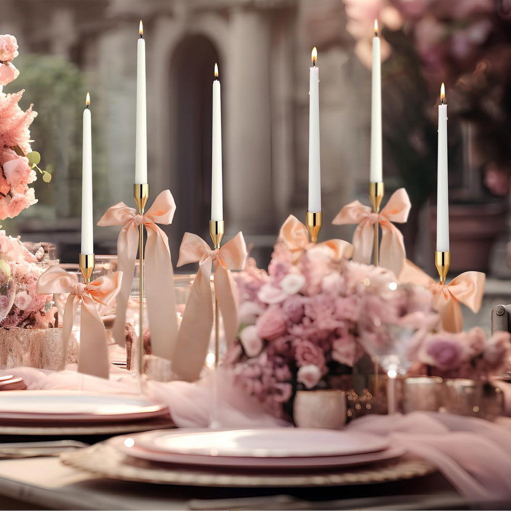 Gold Candlestick Holders with Stain Bow and Long Candles Metal Taper Candle Holders Champagne Pink Satin Bow Coquettish Decor