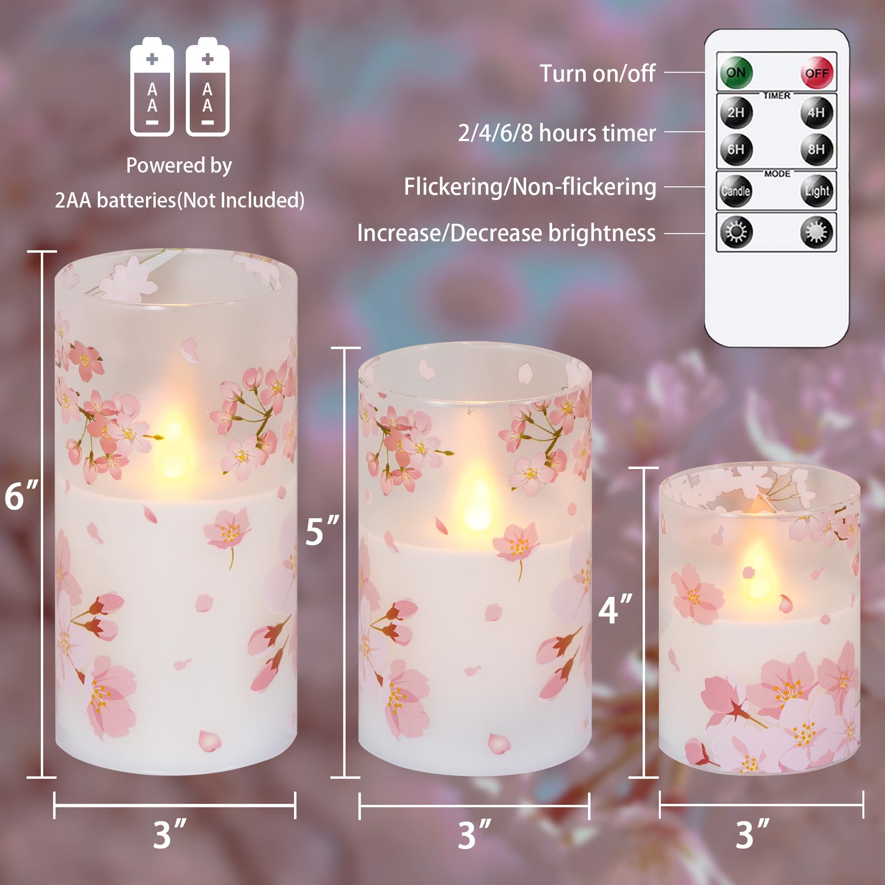 Cherry Blossoms LED Battery Operated Real Wax Set of 3 Realistic Wick Electric Pillar Candles,Warm Fire(3 x 4, 5, 6 Inches)