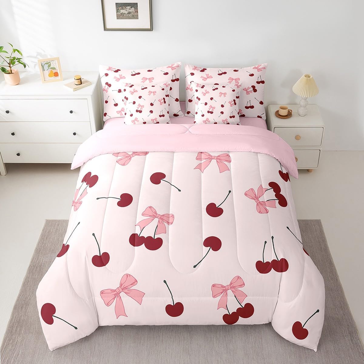 Princess Style Pink Bowknot Comforter Bedding Set, Bow Tie Pink White Dreamy Fairy Tale Bow (Comforter+Fitted+Flat Sheet+2 Pillowcases+2 Throw Pillow Covers) 7 Pieces Bed Set