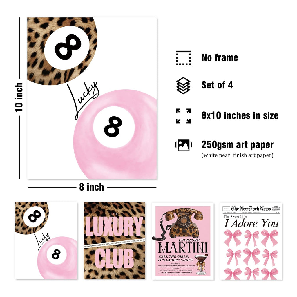 Trendy Leopard Wall Art Prints Set of 4 Funky Lucky 8 Ball Posters Prints Preppy Room Aesthetic Cheetah Wall Decor for Girls Room Dorm Apartment 8x10 Unframed