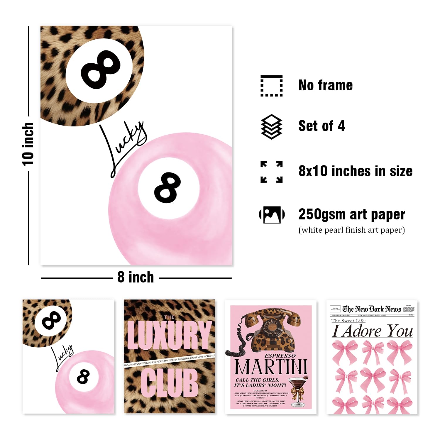 Trendy Leopard Wall Art Prints Set of 4 Funky Lucky 8 Ball Posters Prints Preppy Room Aesthetic Cheetah Wall Decor for Girls Room Dorm Apartment 8x10 Unframed