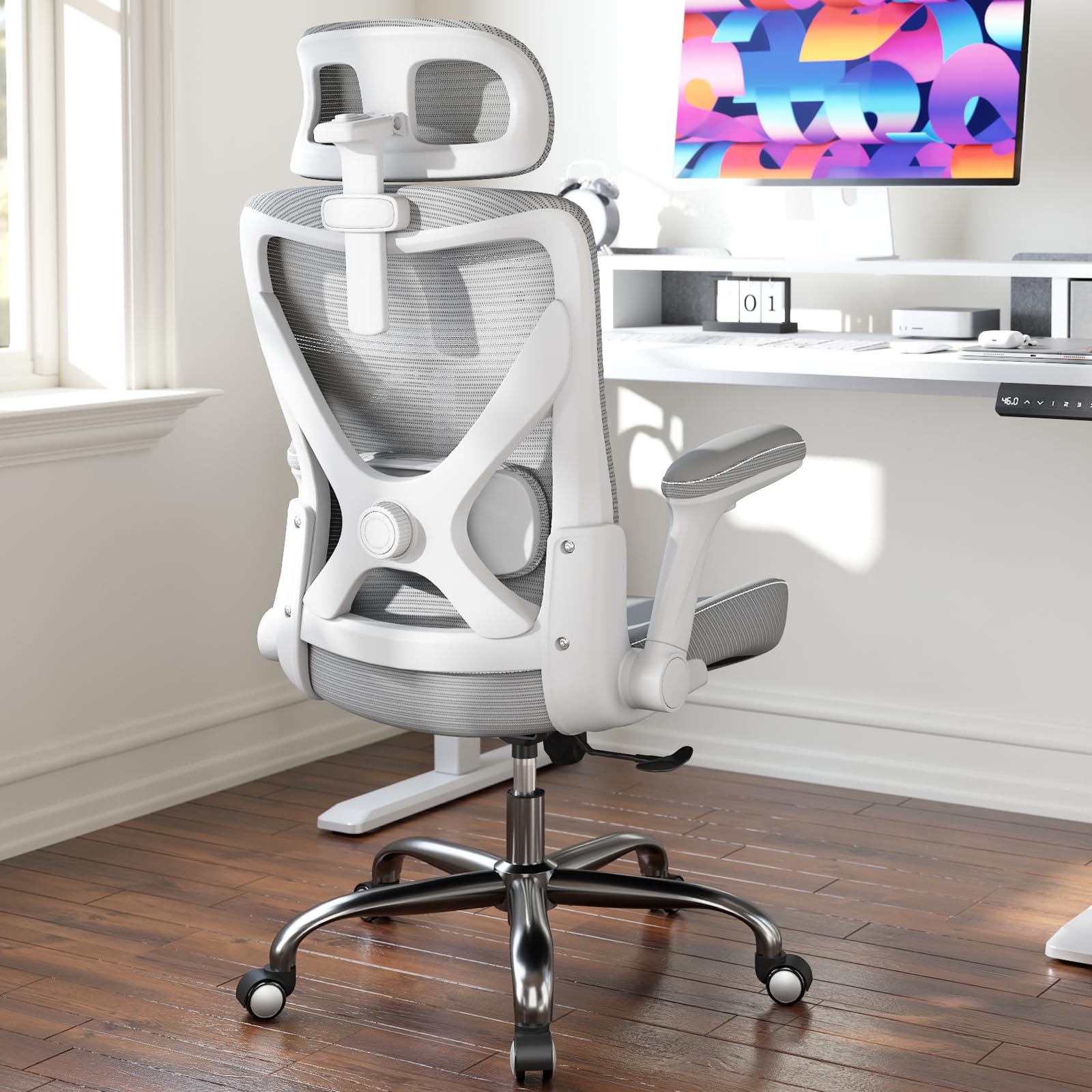 Ergonomic Desk Chair-Computer X-Shaped Chair Mesh PU Leather with Adjustable Lumbar Support-Executive Chair High Back with Headrest Flip-Up Arms for Long Hours