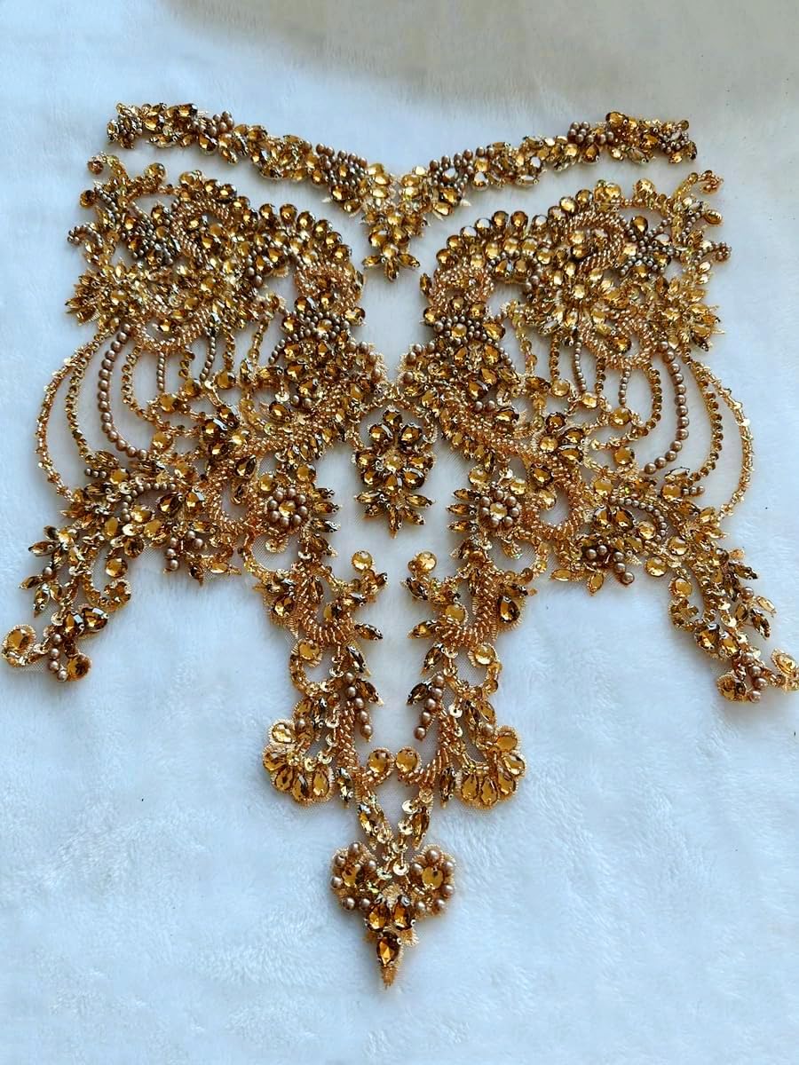 Handmade red/Blue/Gold/Green Rhinestones lace Bodice Applique Sewing Beads Crystal Trim Patches Accessory for Dress Clothes (Rose red)