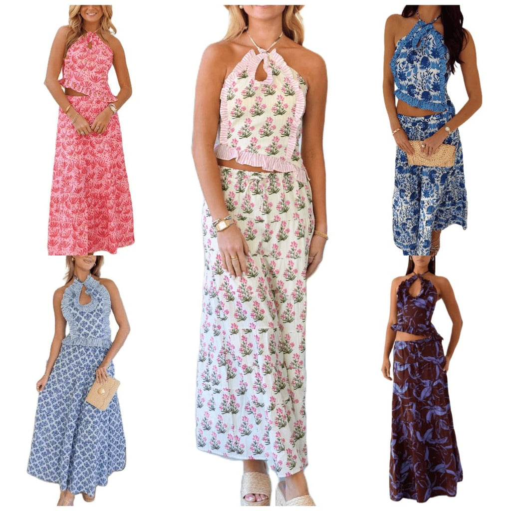Womens 2 Piece Maxi Skirt Set Y2k Halter Ruched Cami Top Tiered Flowy Ruffle Skirt Outfit