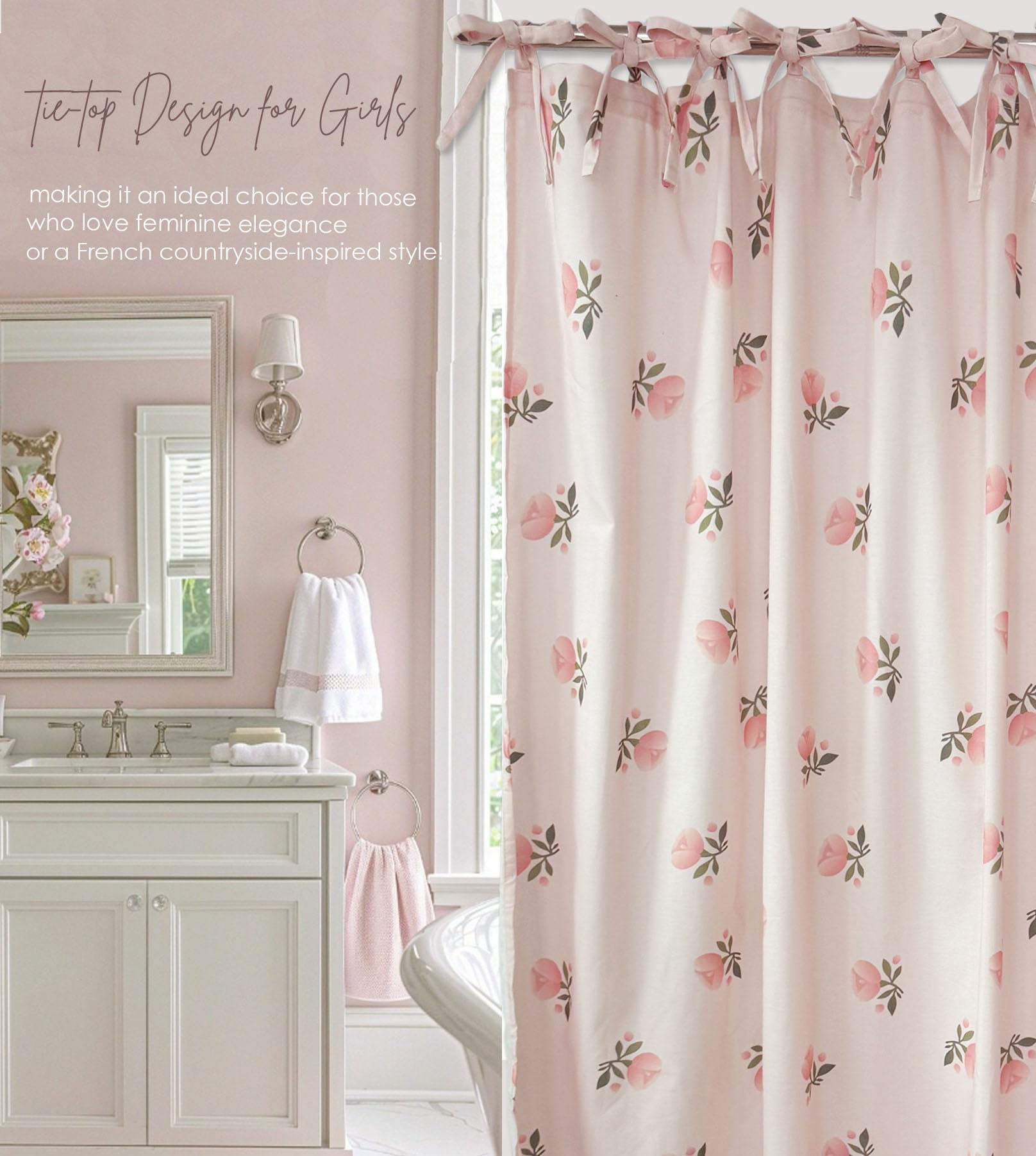Girly Pink Floral Shower Curtain Hookless Flower Rose Shower Curtain Linen-Cotton Blend 72x72 Inches for Bathroom