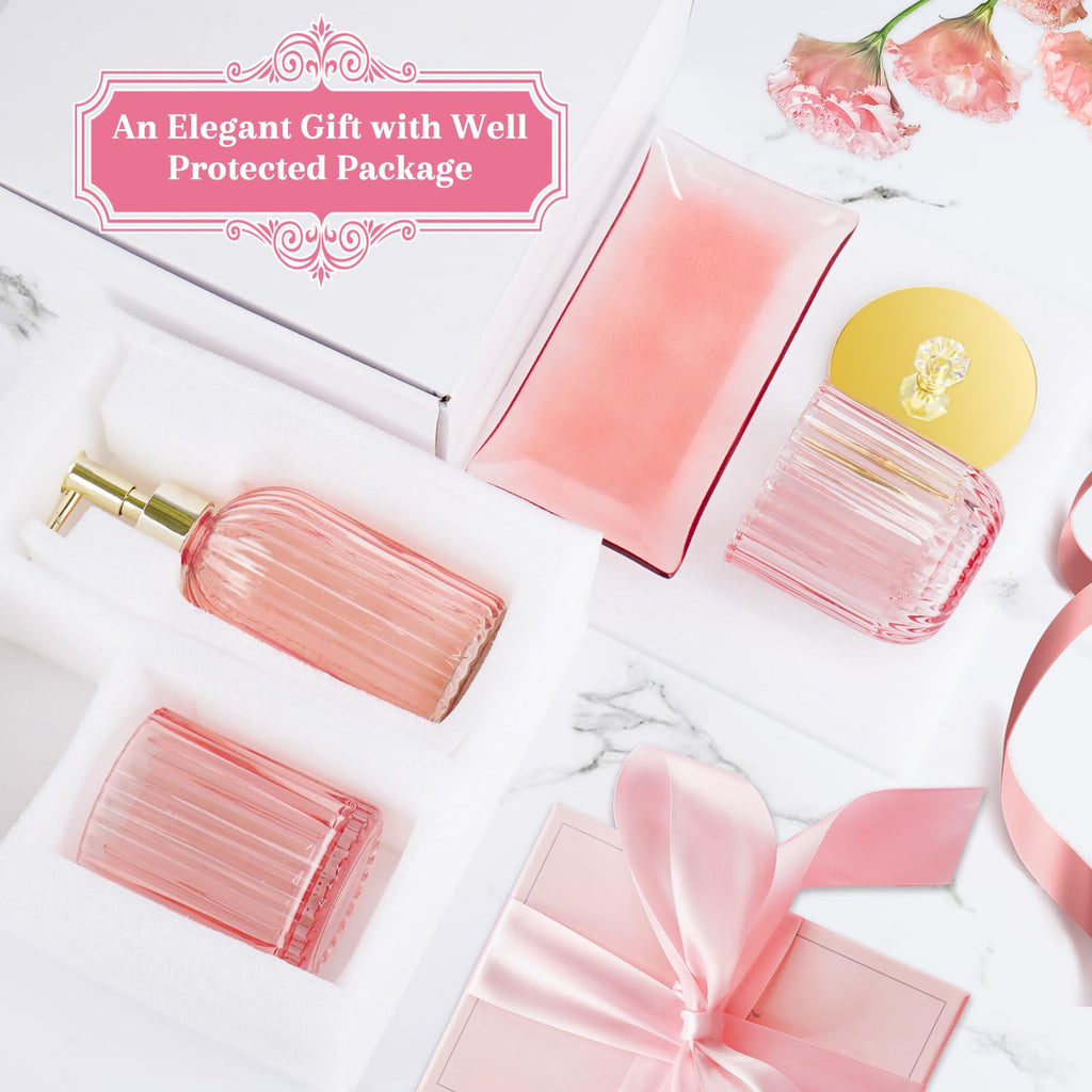 Glass Bathroom Accessories Set 4PCS Bathroom Accessories Set with Soap Dispenser Toothbrush Holder Qtip Holder & Vanity Tray