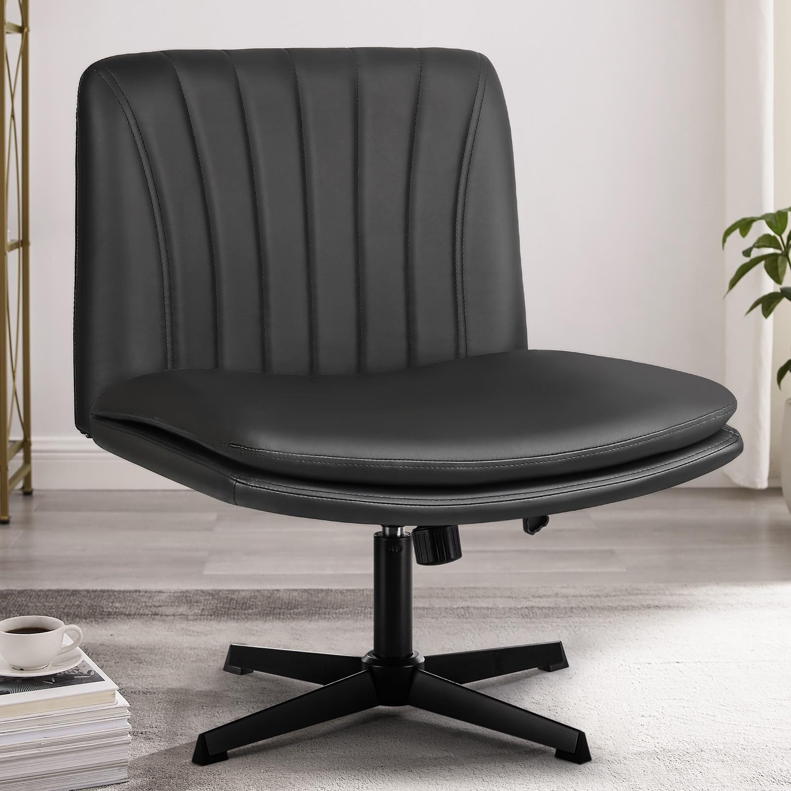 Criss Cross Chair, Armless Cross Legged Office Desk Chair No Wheels, Fabric Padded Modern Swivel Height Adjustable Mid Back Wide Seat