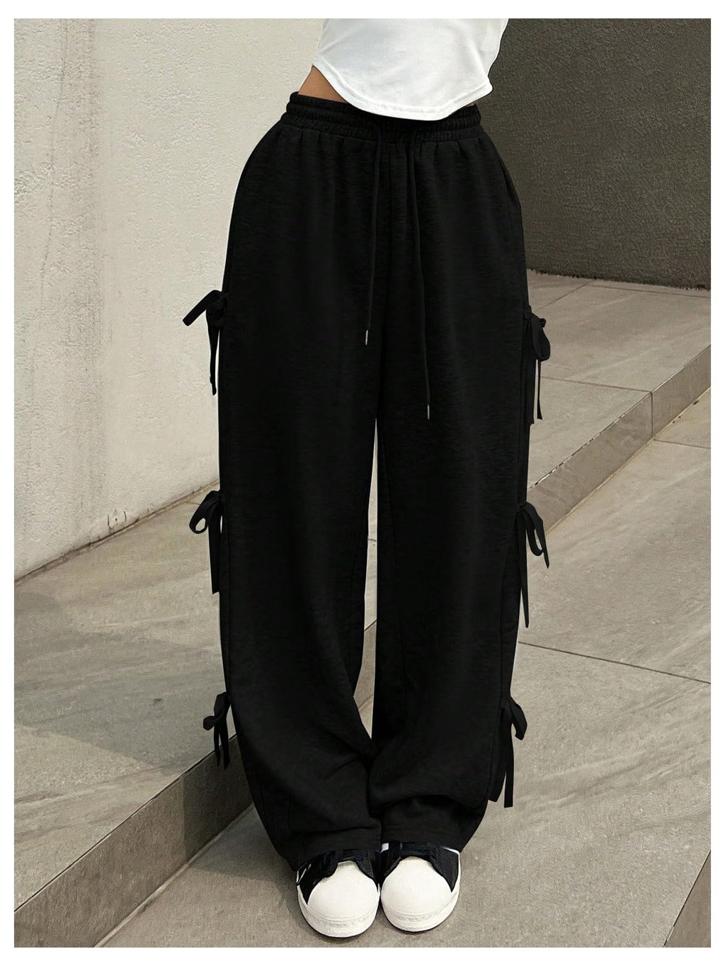 Women's Side Bow Tie Straight Leg Sweatpants Drawstring Elastic Waist Loose Athletic Sports Pants