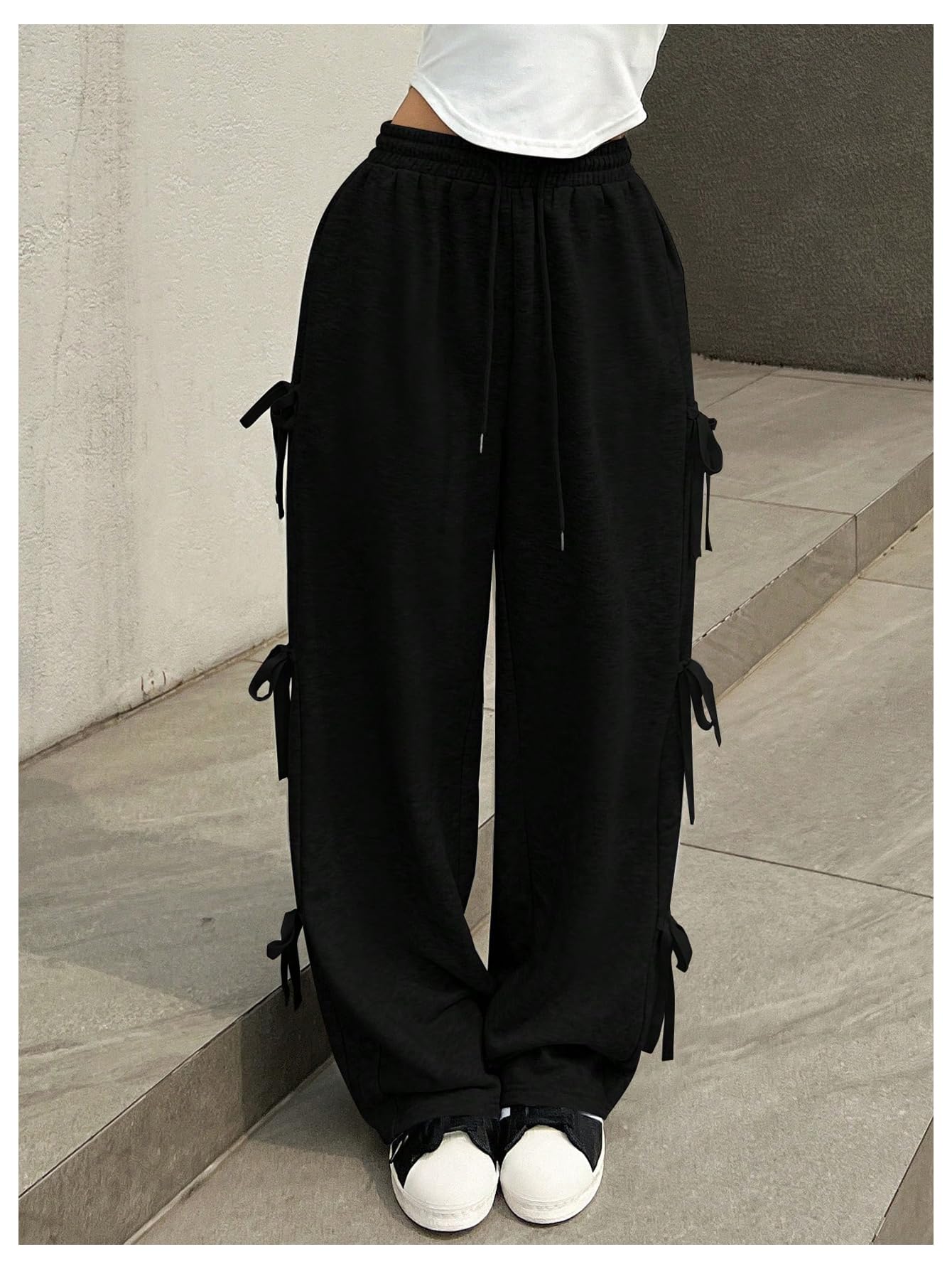 Women's Side Bow Tie Straight Leg Sweatpants Drawstring Elastic Waist Loose Athletic Sports Pants