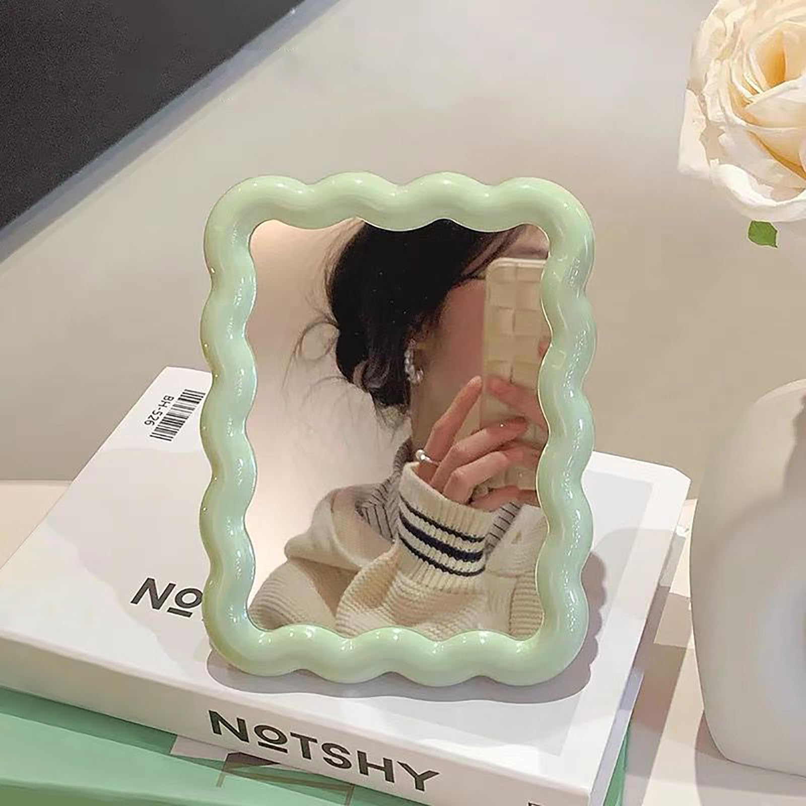 Wave Shaped Table Desk Vanity Makeup Mirror Portable Folding Cute Travel Make Up Mirror for Standing Hanging 6.7X5.3 Inch