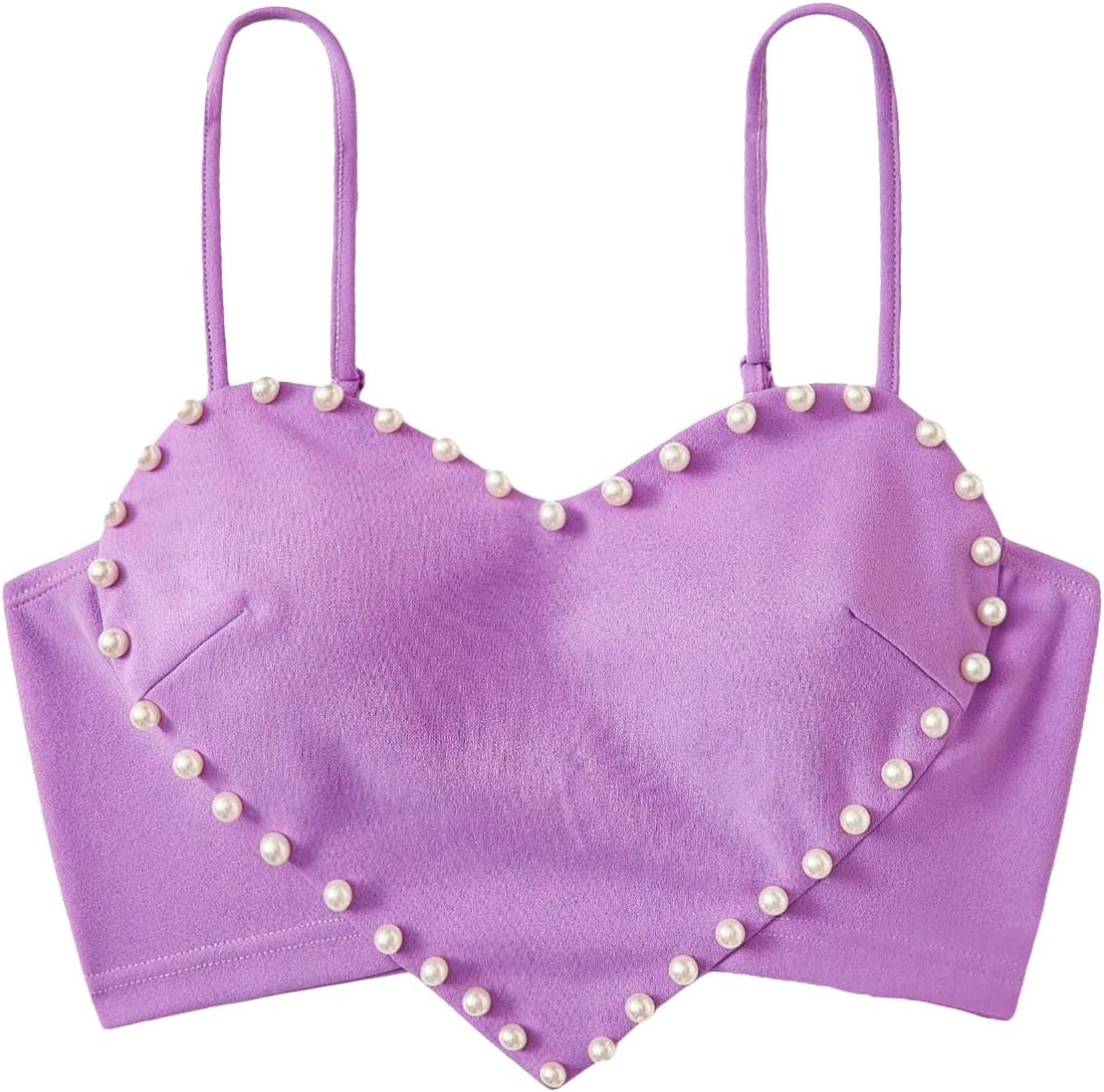 Women's Pearls Sleeveless Asymmetrical Hem Heart Crop Cami Top Sexy Camisole