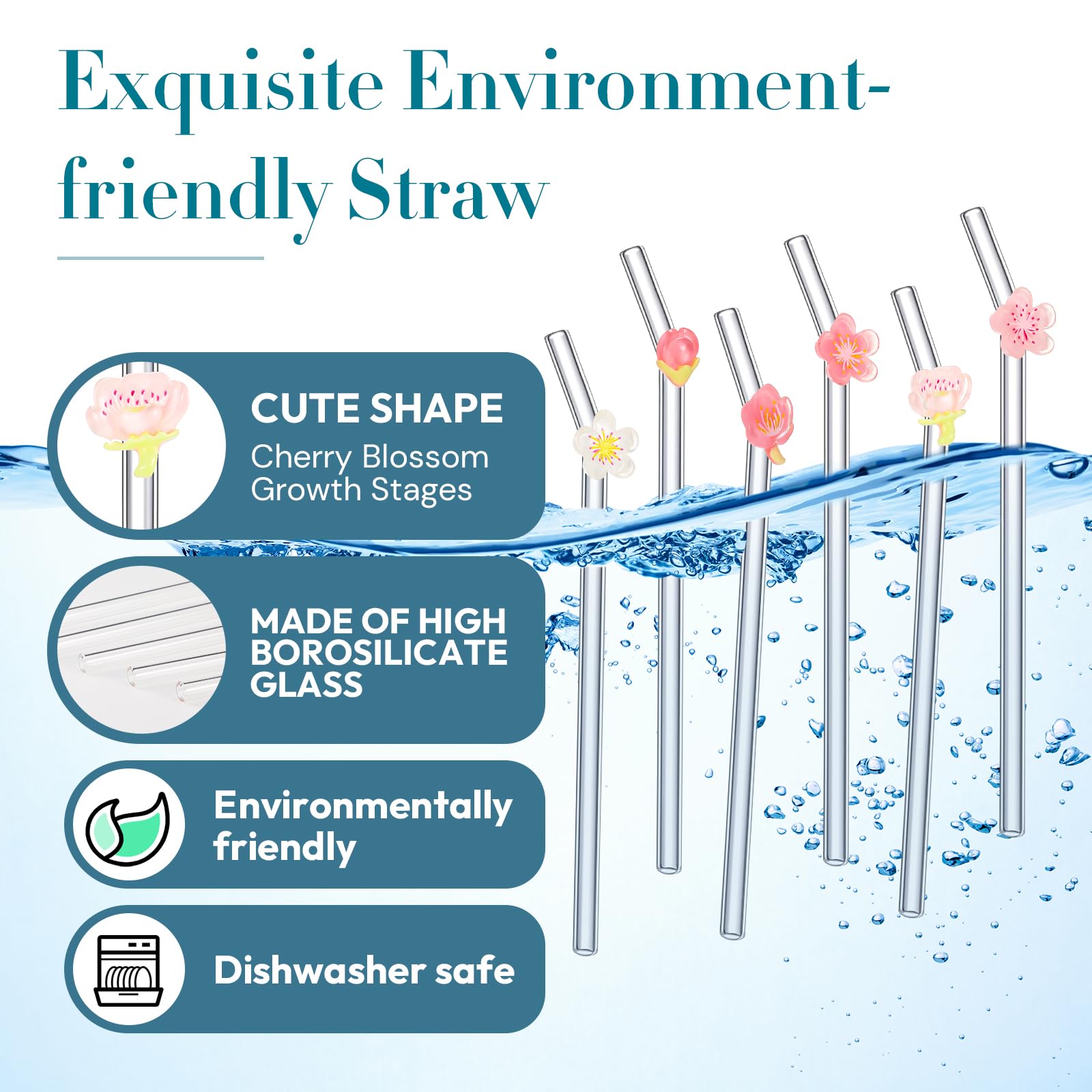 Reusable Glass Straw with 2 Cleaning Brush, Charm Cute Colorful Pattern Sticky Reinforced Glass Shatter Resistant Straw 6 Pcs