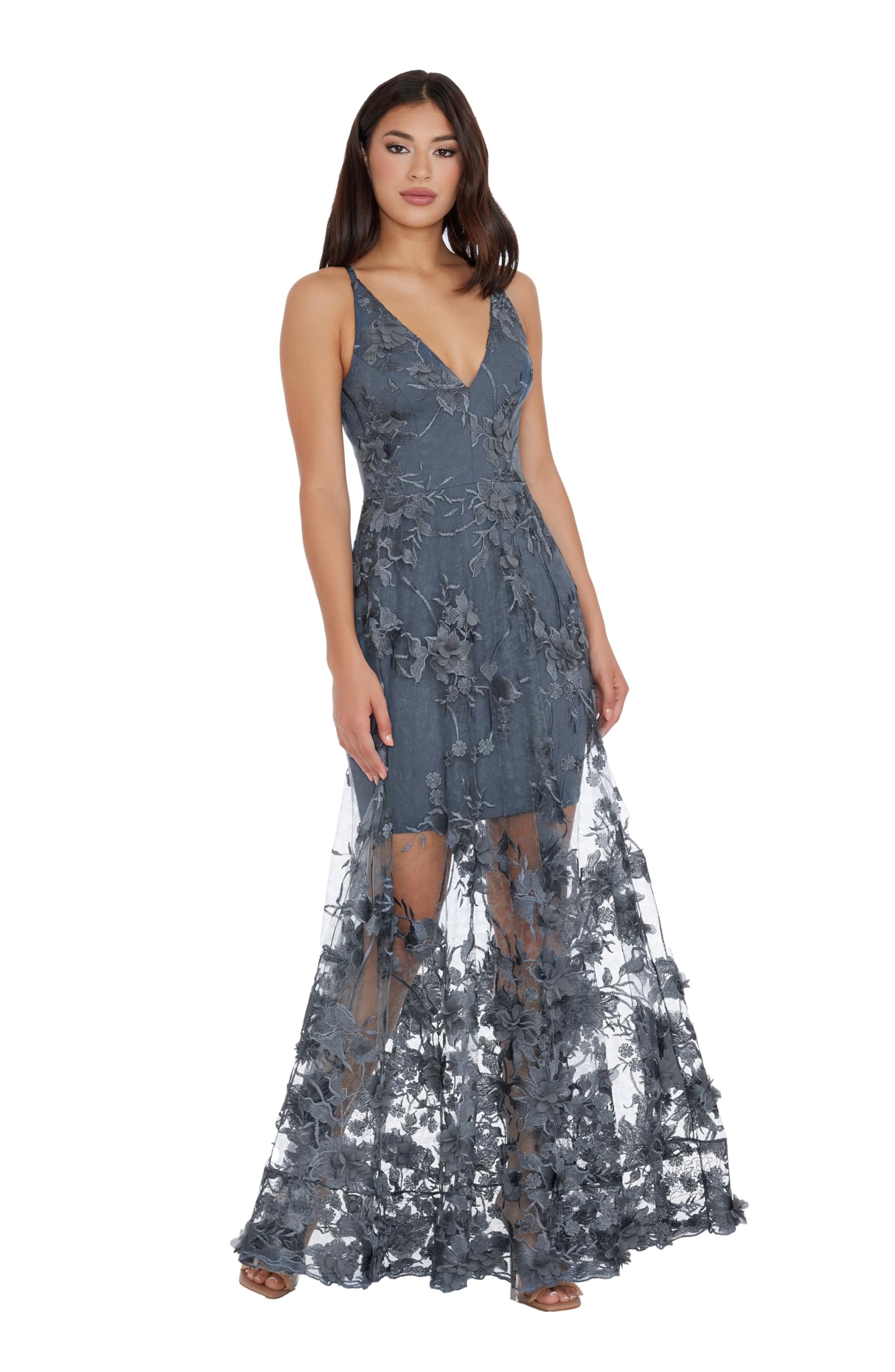 Women's Embellished Plunging Gown Sleeveless Floral Long Dress